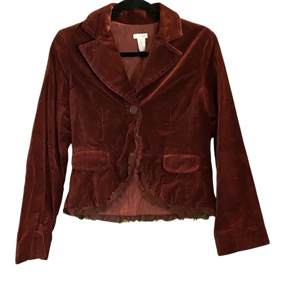 Anthropologie Odille Notched Collar Ruffle Trim Rust Velvet Blazer Size 4 - Picture 4 of 5